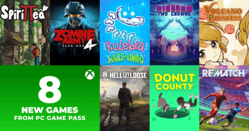 A grid of 8 PC Game Pass game covers with text: "8 New Games from PC Game Pass" and Xbox logo.