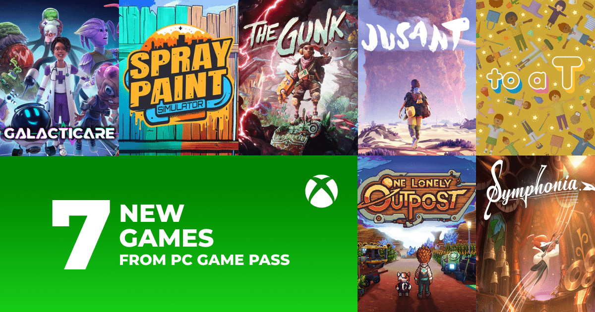 A collage of covers for 7 new PC Game Pass games, with a green banner and Xbox logo at the bottom.