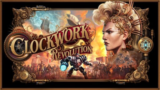 Steampunk-themed artwork with a mechanical woman, armored figure, airships, and the text "Clockwork Revolution.