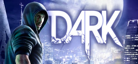 A man in a hoodie stands before a city skyline at night with the word "DARK" in large white letters behind him.