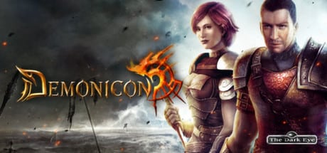 Two armored characters stand in front of a stormy sky with the "Demonicon" logo and a fiery emblem.
