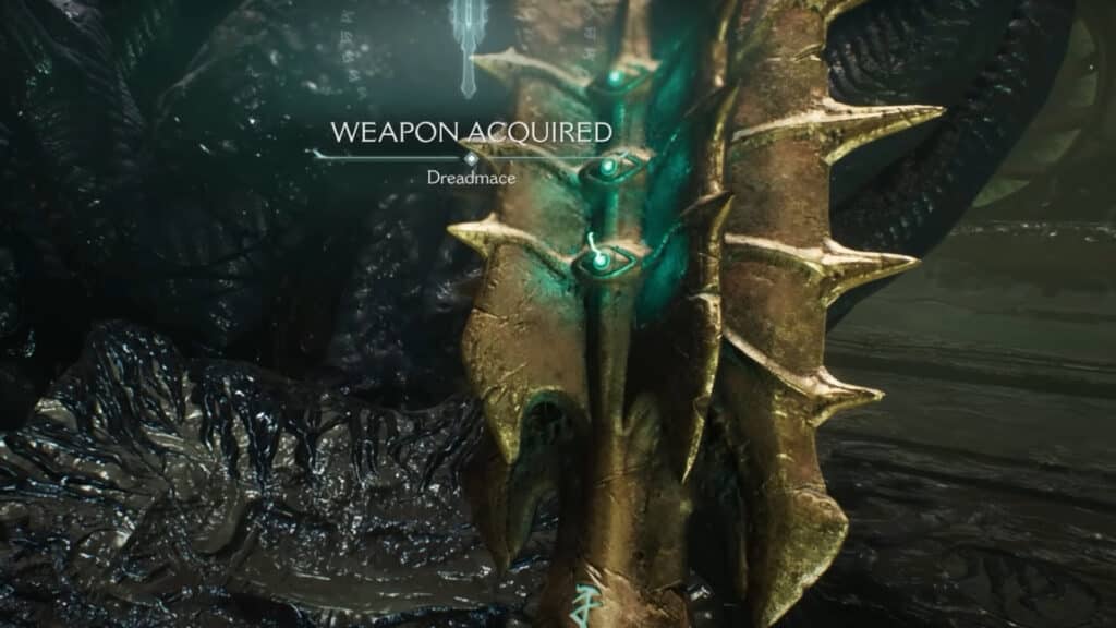 A spiked, ornate mace with glowing blue details appears as "WEAPON ACQUIRED: Dreadmace" is displayed, evoking the brutal arsenal of Doom The Dark Ages.