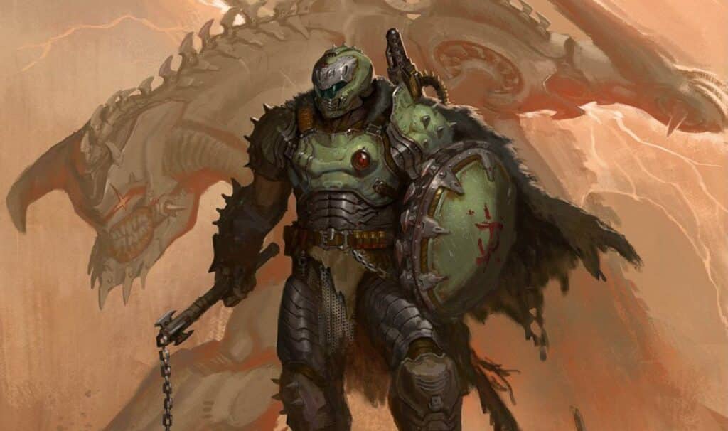 An armored warrior wielding a shield and chain weapon stands before a massive dragon with a spiked tail, evoking the epic battles of Doom The Dark Ages.