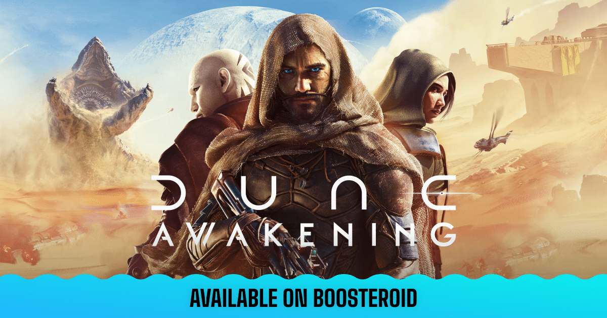 Three characters in desert attire with "Dune Awakening" title, sandworm and sci-fi landscape in the background.