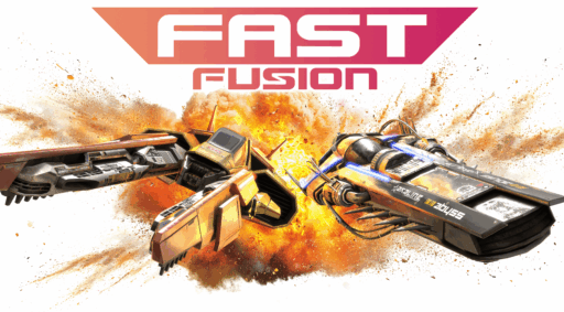 Two futuristic racing vehicles collide in front of an explosion, with "FAST FUSION" in bold text above—perfect for a fast fusion review or showcase of high-speed action.