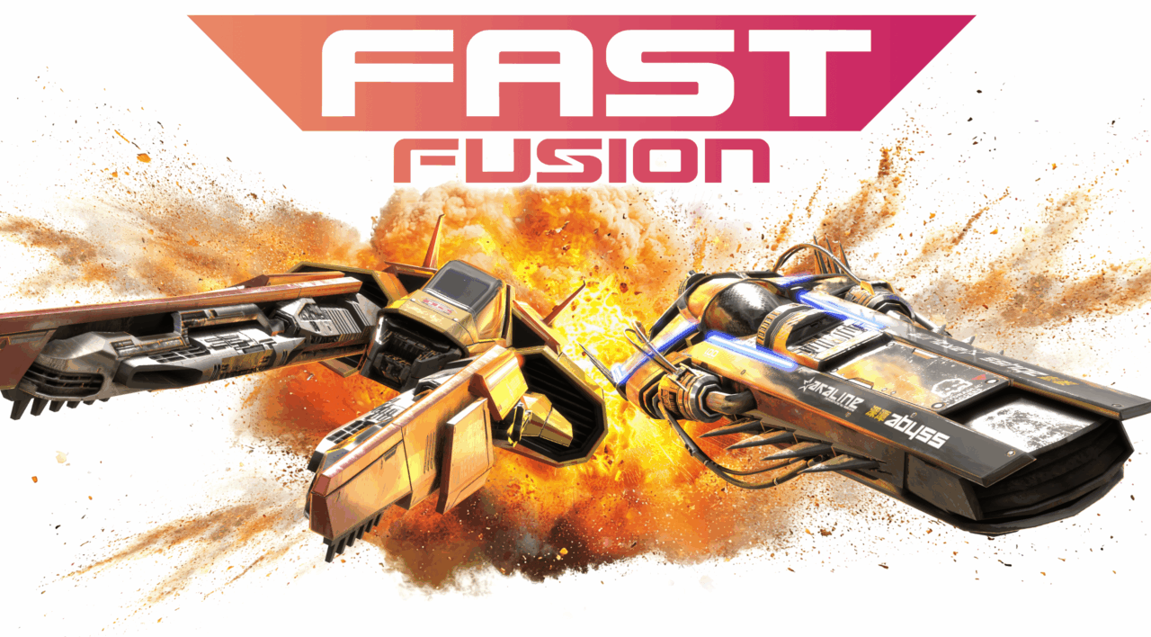 Two futuristic racing vehicles collide in front of an explosion, with "FAST FUSION" in bold text above—perfect for a fast fusion review or showcase of high-speed action.