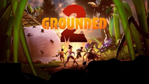 Six children wielding weapons run through giant grass with “Grounded 2” in bold orange text above them.