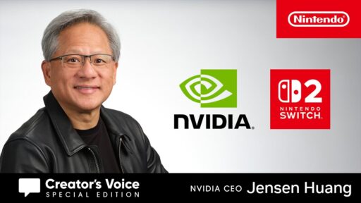 Jensen Huang poses next to NVIDIA and Nintendo Switch logos on a white background.