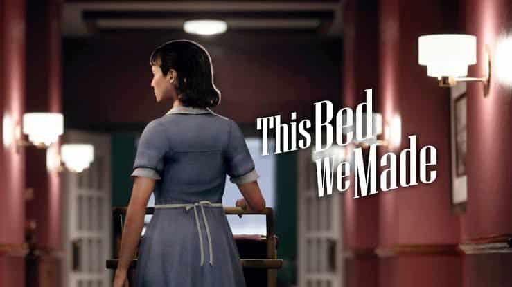 A woman in a maid uniform stands in a hotel hallway with the text “This Bed We Made” beside her, capturing the mysterious mood of This Bed We Made.