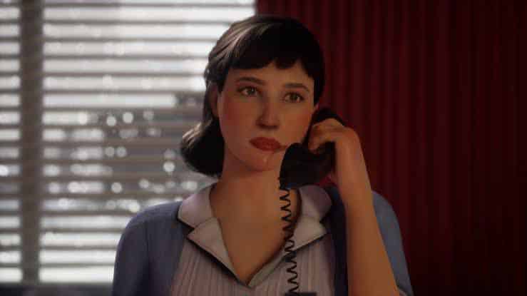 Animated woman with dark hair holds a phone to her ear, standing indoors in front of window blinds, evoking the mysterious atmosphere of This Bed We Made.