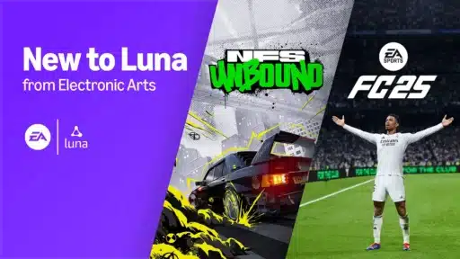 Promotional image for EA games "NFS Unbound" and "FC25" now available on Amazon Luna streaming service.