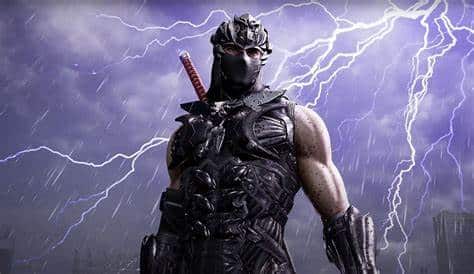 Armored ninja with a sword stands under a stormy sky with bright lightning flashes in the background.