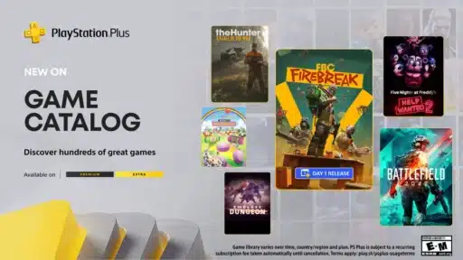 PlayStation Plus game catalog banner featuring covers of new games added, including FBC Firebreak and Battlefield 2042.