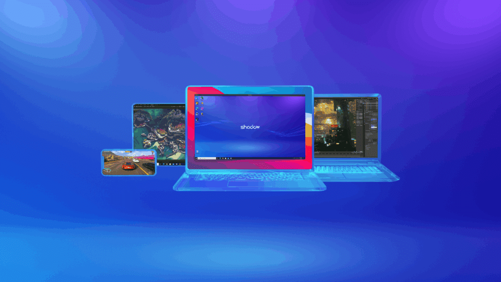 A smartphone, tablet, laptop, and desktop displaying different apps on a blue and purple gradient background.