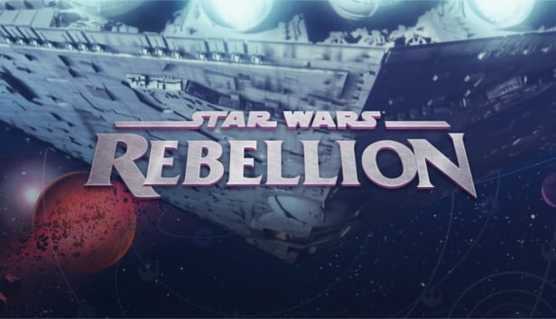A spaceship with "Star Wars Rebellion" text overlay against a cosmic background.