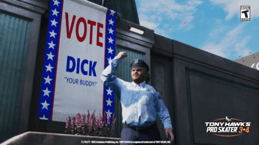 A security guard raises a fist near a "Vote Dick 'Your Buddy!'" banner in Tony Hawk's Pro Skater 3+4 game.