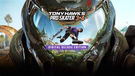 A skateboarder reflects in a helmet visor with "Tony Hawk's Pro Skater 3 + 4 Digital Deluxe Edition" text.