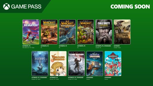 Xbox Game Pass announcement featuring upcoming games, including Warcraft, Call of Duty, and others on a green background.