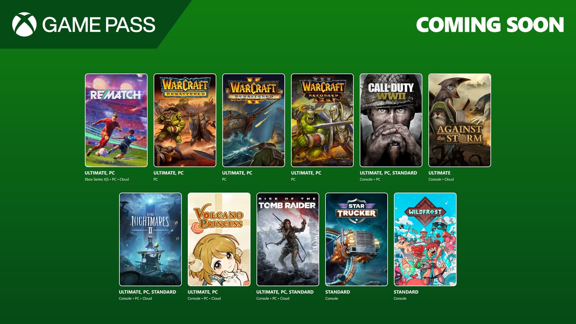 Xbox Game Pass announcement featuring upcoming games, including Warcraft, Call of Duty, and others on a green background.