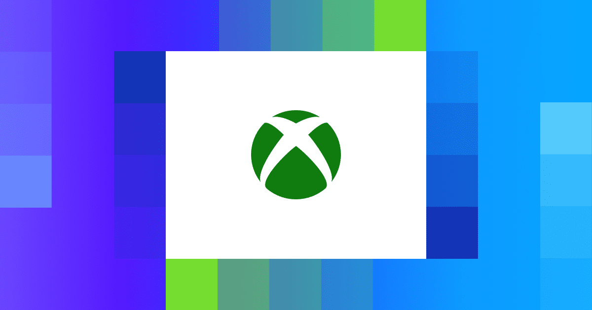 Xbox logo centered on a white rectangle with a colorful blue, green, and purple pixelated border.