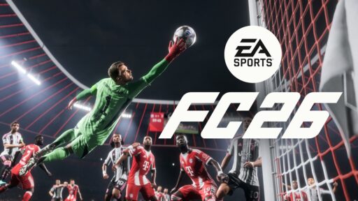 A goalkeeper dives to save a soccer ball near the goalpost; "EA Sports FC 26" logo is displayed.