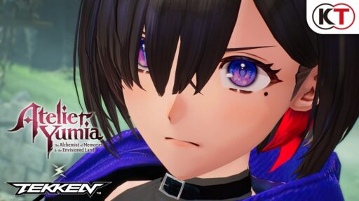 Anime-style character with purple eyes and black hair, highlighting the Atelier Yumia Tekken collaboration, and featuring both logos on the image.