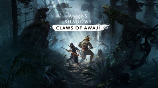 Two warriors face off in a shadowy forest, with "Assassin's Creed Shadows: Claws of Awaji" text above them.