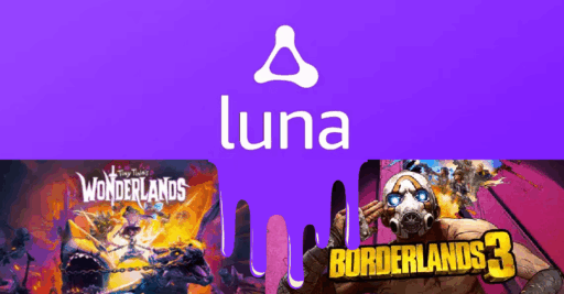 Purple Luna logo above cover art for Tiny Tina’s Wonderlands and Borderlands 3 video games.