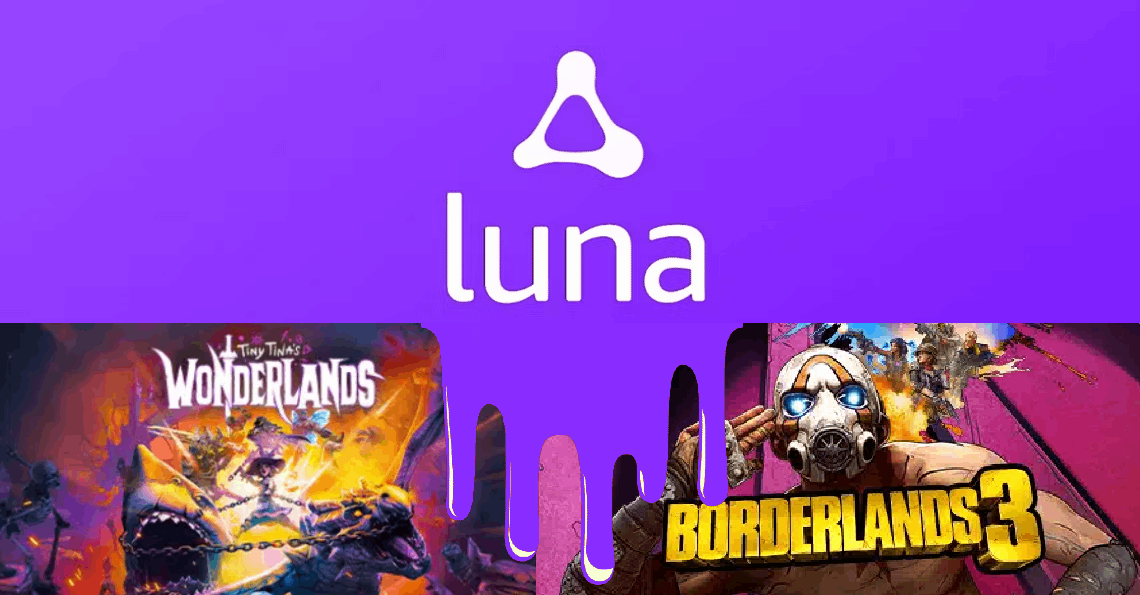 Purple Luna logo above cover art for Tiny Tina’s Wonderlands and Borderlands 3 video games.