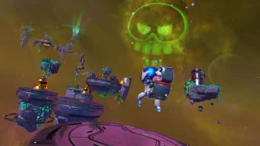 Astro Bot leaps between floating platforms in space during the Astro Bot Vicious Void Galaxy update, while a glowing green skull looms in the sky.