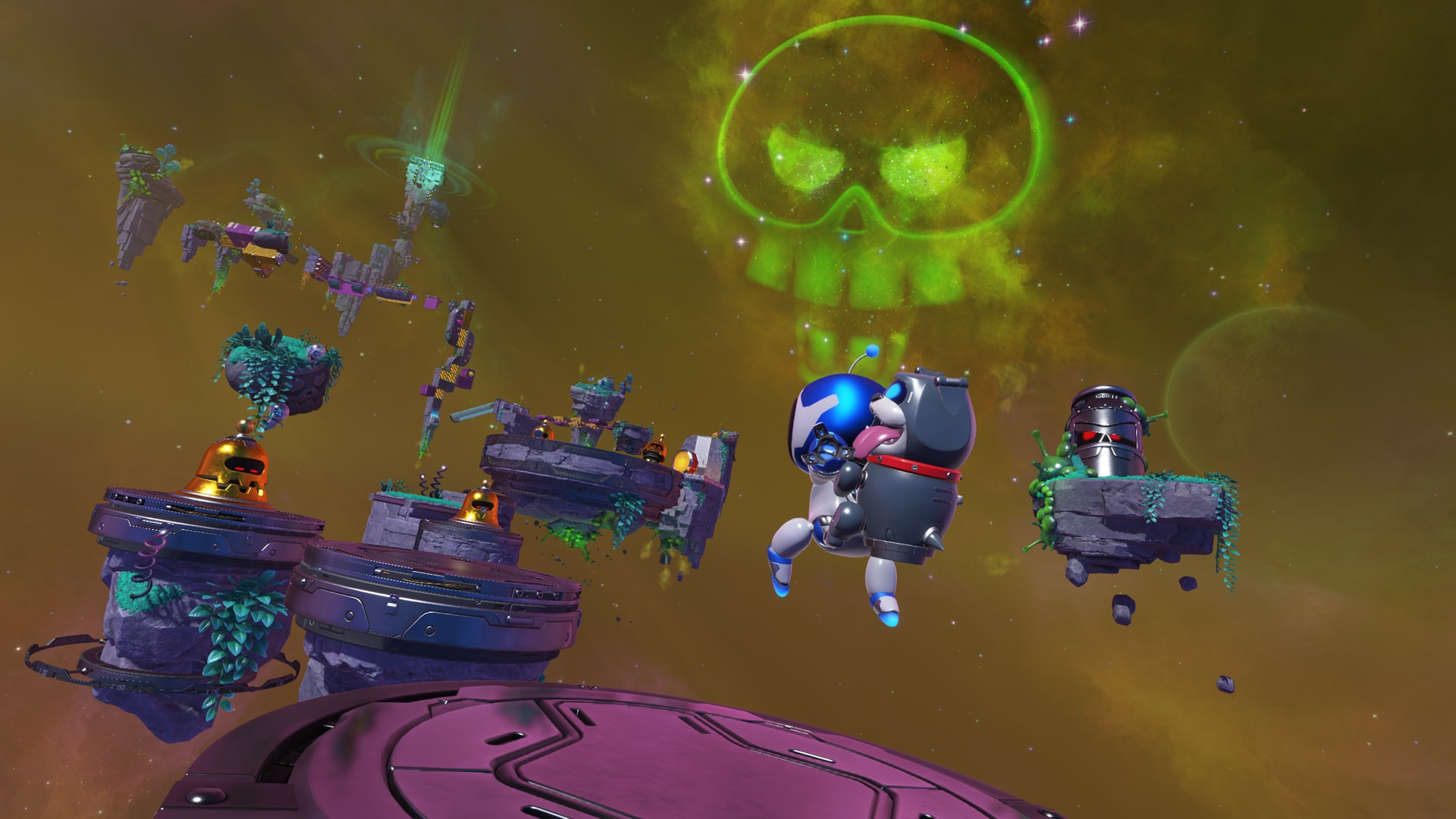 Astro Bot leaps between floating platforms in space during the Astro Bot Vicious Void Galaxy update, while a glowing green skull looms in the sky.
