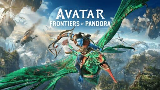 Blue alien riding flying creature over lush landscape with "Avatar: Frontiers of Pandora" game title in the sky.