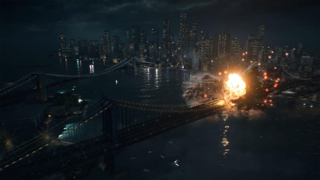 A large explosion erupts on a bridge at night with a city skyline in the background, reminiscent of intense Battlefield 6 action.