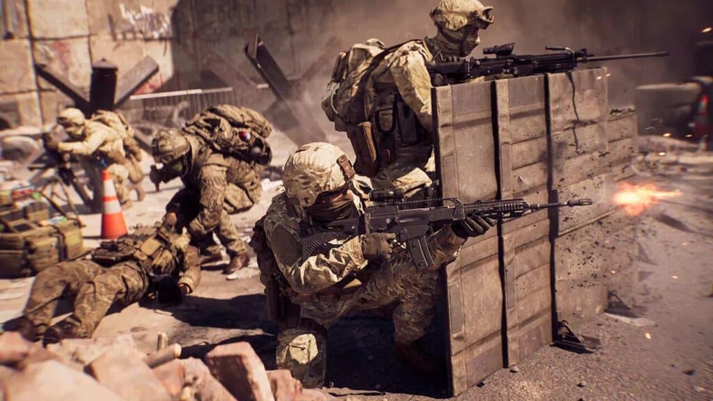 Soldiers in camouflage gear fire rifles and take cover behind barriers in a war-torn urban environment, capturing the intense action of a Battlefield 6 multiplayer showcase.