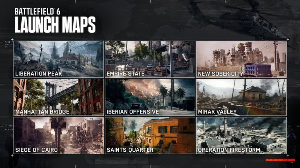 Nine Battlefield 6 launch map images, each labeled with map names like Liberation Peak and Empire State, offer a glimpse into the Battlefield 6 multiplayer showcase.