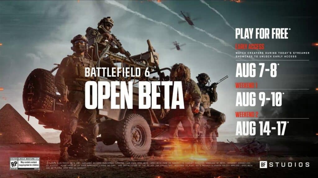 Four armed soldiers stand on and around a military vehicle as helicopters roar overhead and explosions light up the sky—a scene straight out of a Battlefield 6 multiplayer showcase.