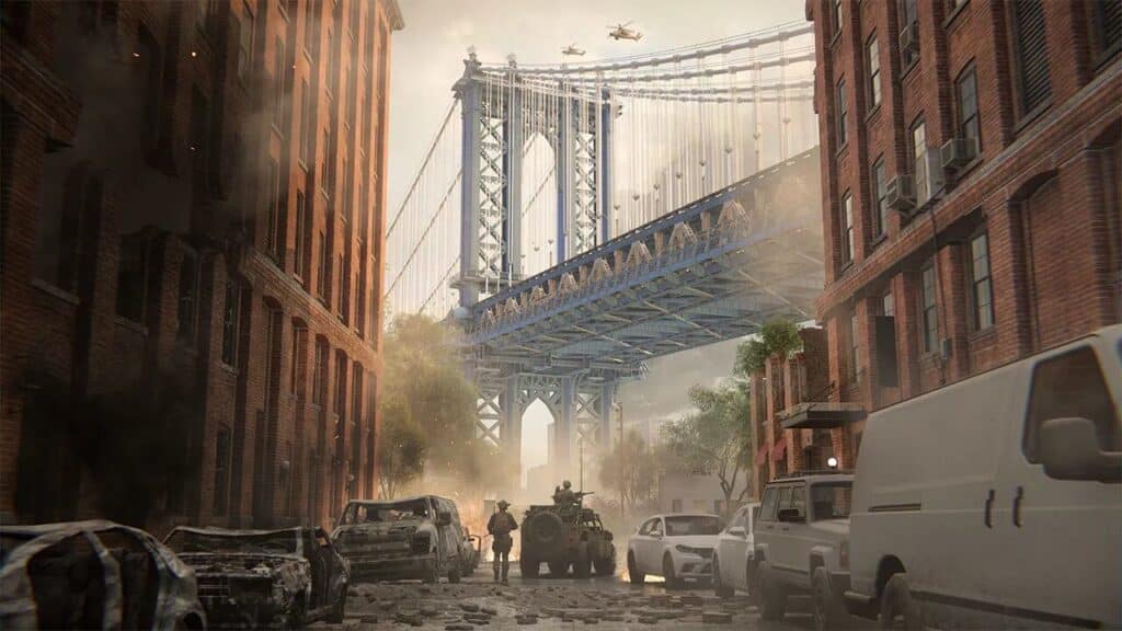 Armored vehicle and soldiers in a damaged city street under a large bridge, with helicopters overhead—evoking the intense action of a Battlefield 6 multiplayer showcase.