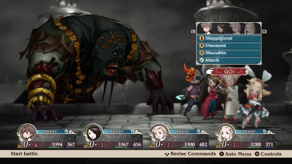 Four fantasy characters face a large, monstrous creature in a turn-based RPG battle screen in Bravely Default: Flying Fairy HD Remaster.