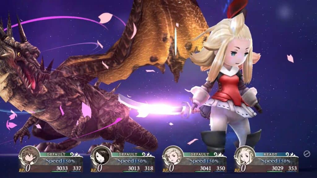 A blonde warrior, reminiscent of Bravely Default Flying Fairy HD Remaster, battles a dragon in a fantasy RPG game, with character stats displayed below.