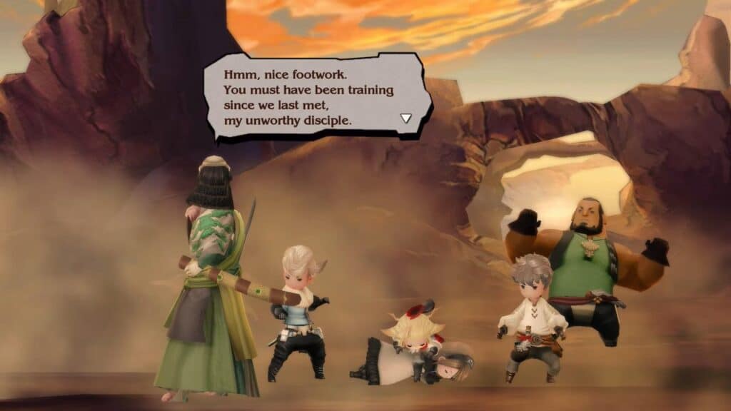 Four chibi-style characters face a robed figure in a rocky, dusty landscape with a dramatic sunset sky in Bravely Default: Flying Fairy HD Remaster.