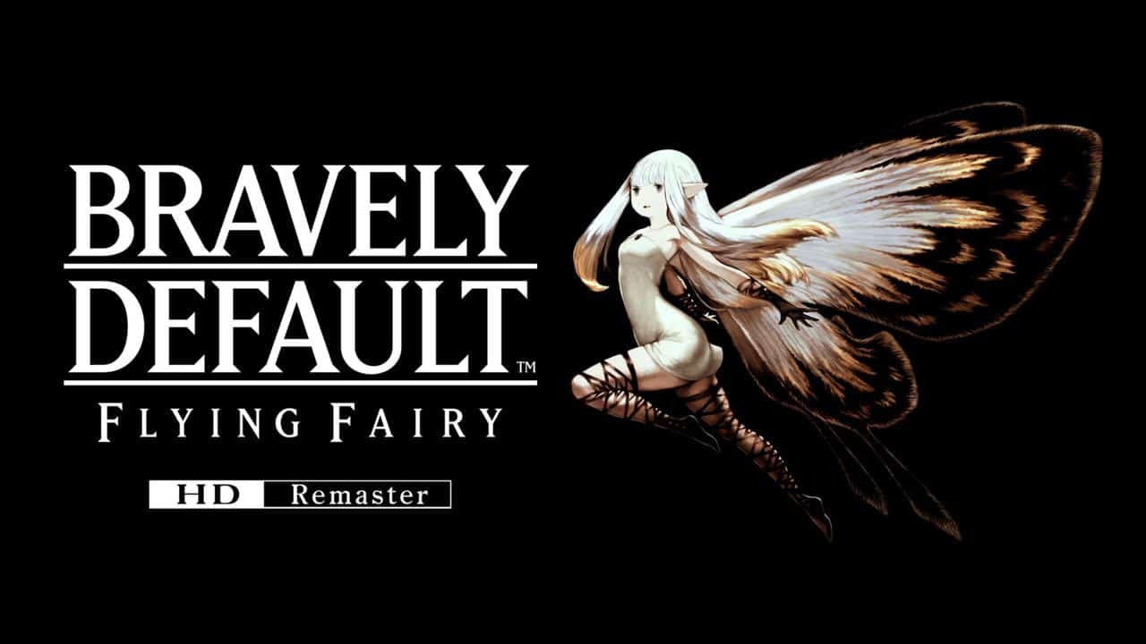 Bravely Default Flying Fairy HD Remaster game title beside a fairy with white hair and large brown wings.