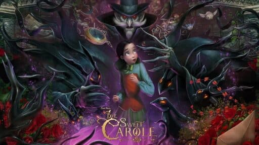 A terrified girl stands before a sinister shadowy figure with glowing eyes and twisted black branches in this haunting scene from Bye Sweet Carole.