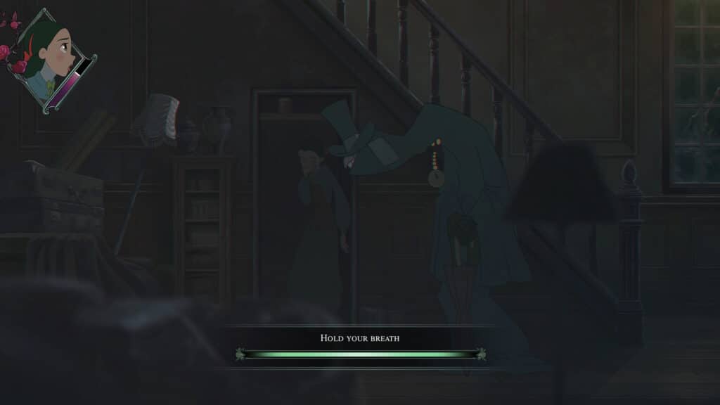 A woman hides under stairs from a tall figure in a hat as a "Hold Your Breath" bar appears onscreen, evoking the suspenseful atmosphere of Bye Sweet Carole.