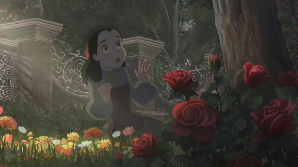 Animated girl in a garden looks surprised, surrounded by red roses and colorful flowers near a wrought iron gate, capturing the enchanting atmosphere of Bye Sweet Carole.