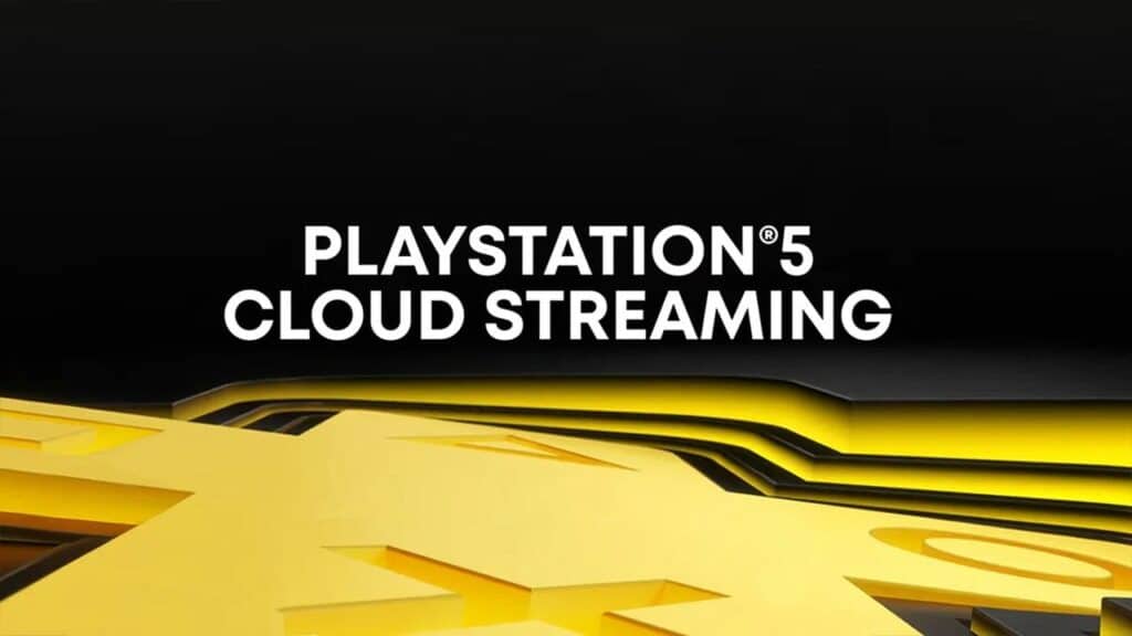 PlayStation 5 Cloud Streaming with PS5 Pro PSSR upgrade text over a black and yellow abstract background.