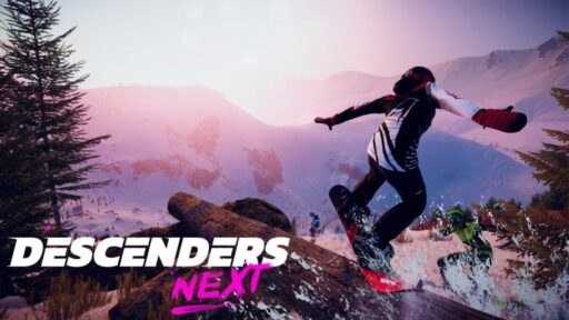 A snowboarder jumps over a log on a snowy mountain trail with "Descenders Next" text in the corner.