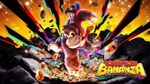 Donkey Kong and Pauline burst through rocks with colorful energy, as "Donkey Kong Bananza" blazes at the bottom right.