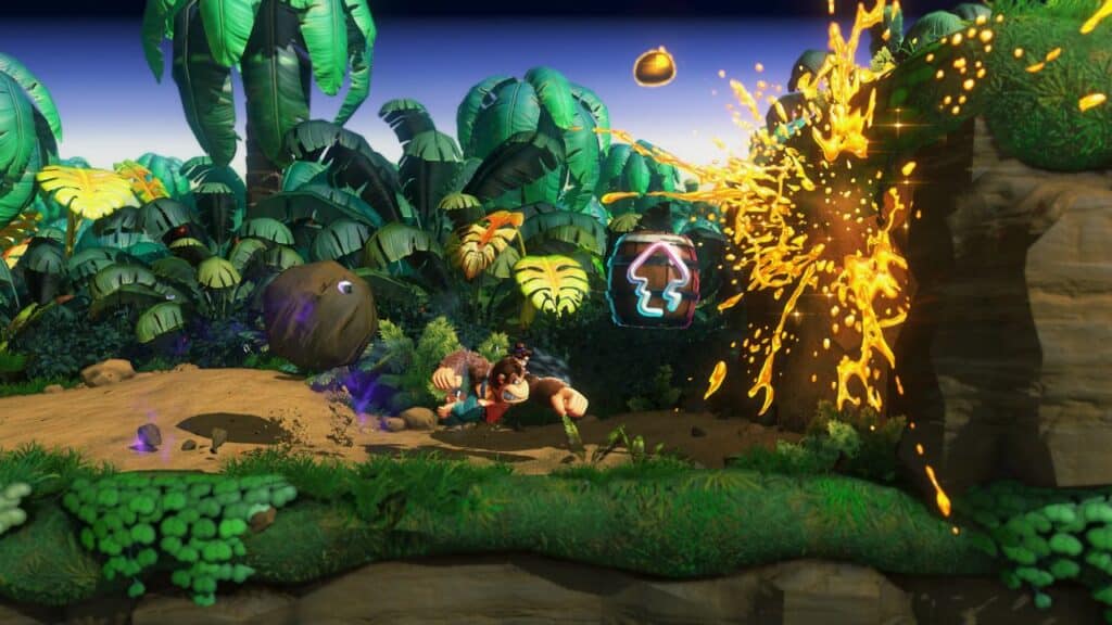 Donkey Kong and Pauline run in a lush jungle as a large yellow explosion bursts on a cliffside nearby, kicking off the wild Donkey Kong Bananza adventure.