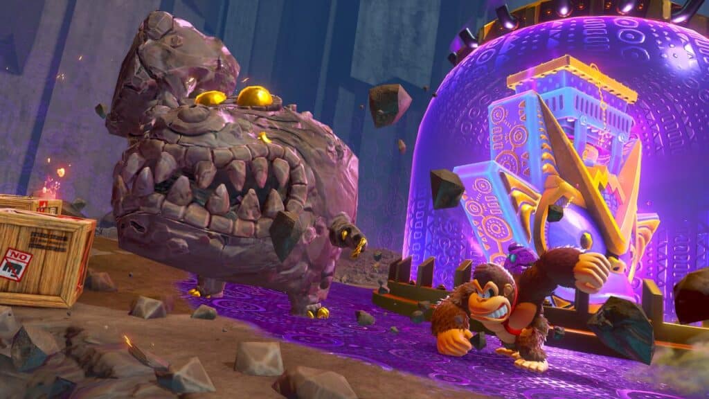 DK from Donkey Kong Bananza dodges a giant rock monster in front of a glowing, futuristic purple machine.