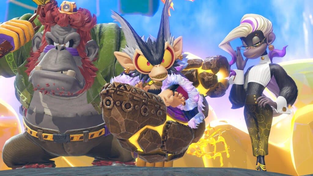 Three colorful, animated gorilla characters in stylish outfits pose confidently against a vibrant background, channeling the energetic spirit of Donkey Kong Bananza.